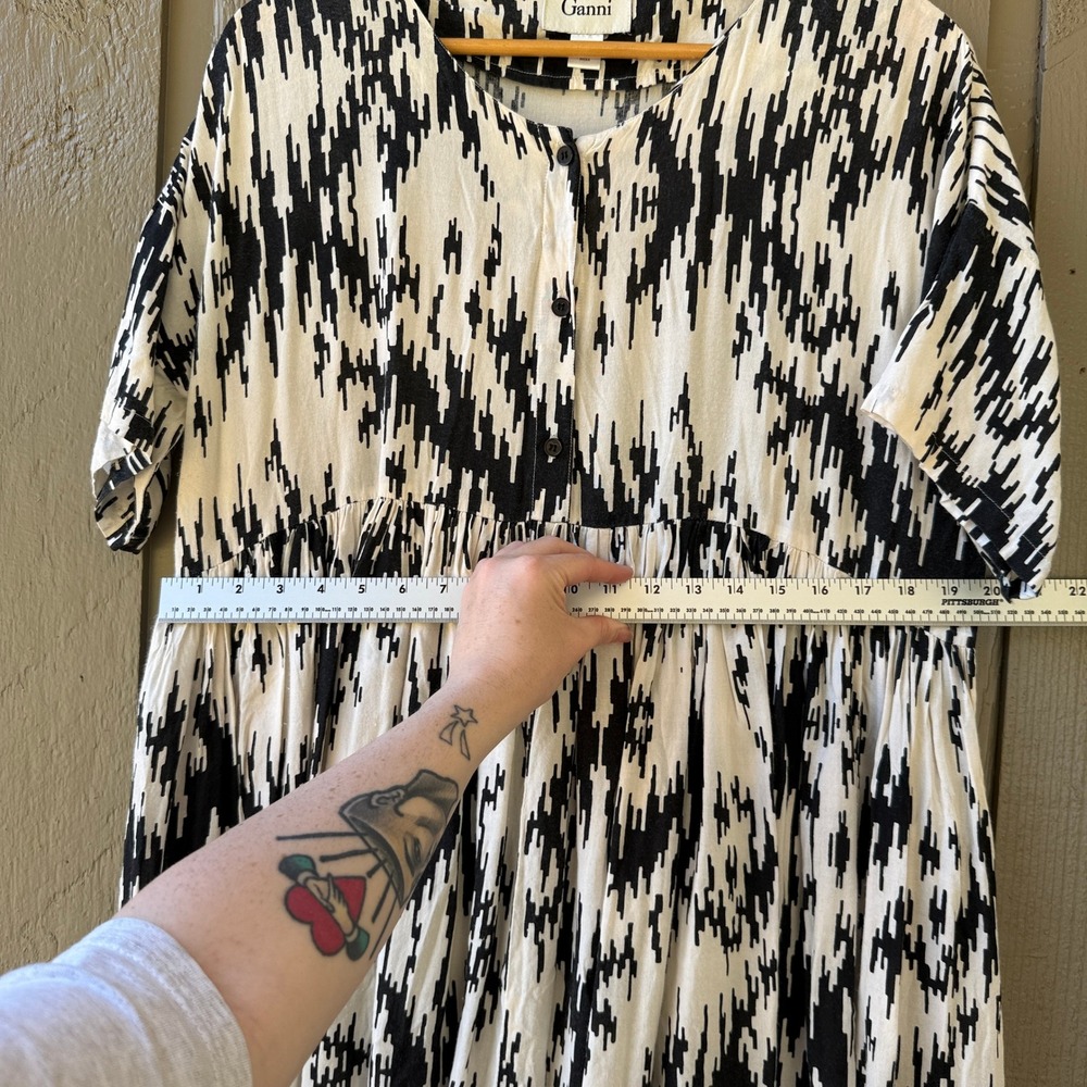 Ganni Chelsea Dress Small Black White Abstract Ikat Mini Viscose Short Sleeve - Picture 4 of 8